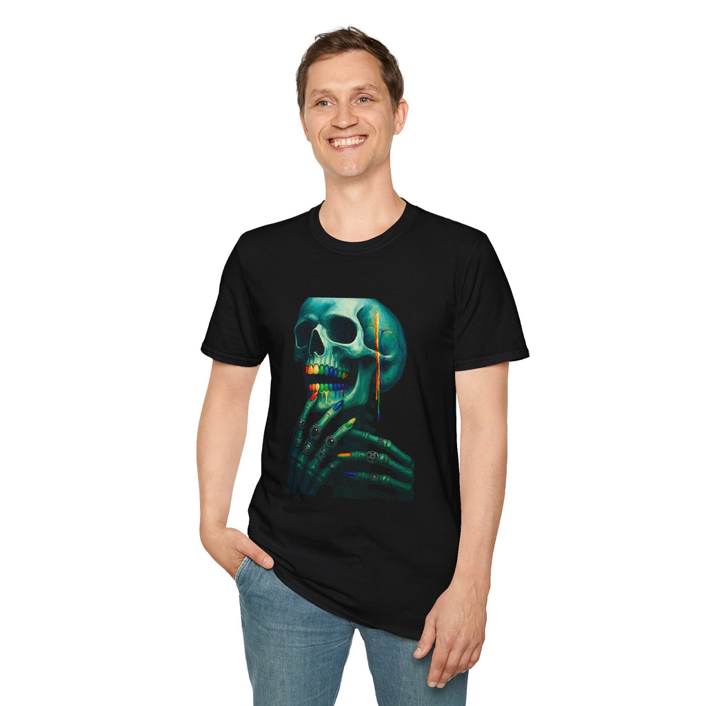 Gay to the Grave- Vibrant Skeleton Art T-Shirt | Unisex Graphic Tee for Halloween, Partywear, Casual Style, Unique Gift, Artsy Fashion
