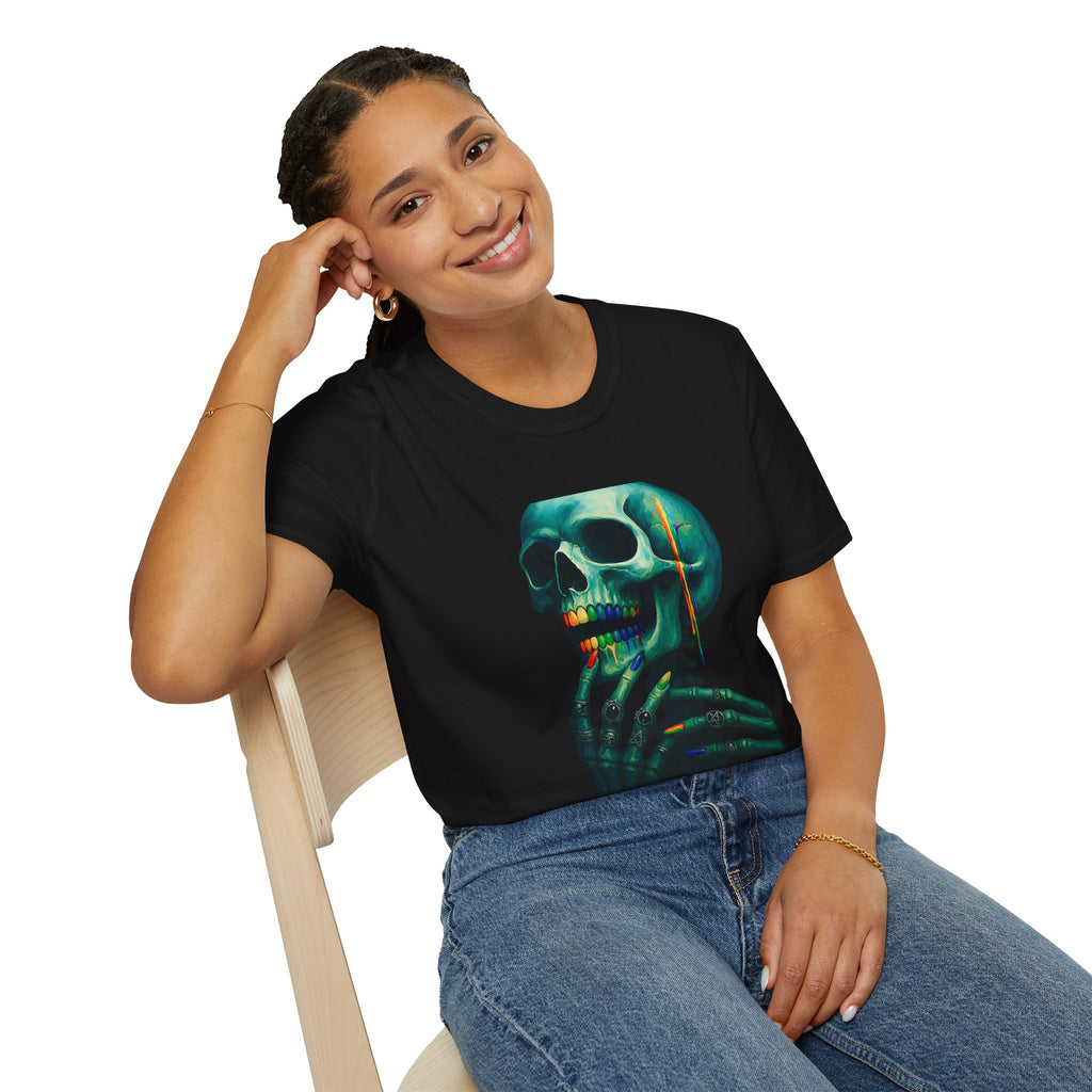 Gay to the Grave- Vibrant Skeleton Art T-Shirt | Unisex Graphic Tee for Halloween, Partywear, Casual Style, Unique Gift, Artsy Fashion