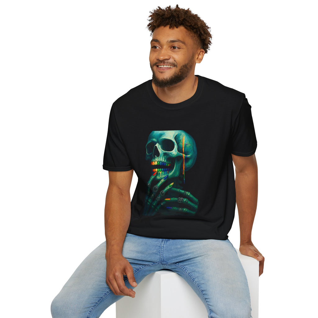 Gay to the Grave- Vibrant Skeleton Art T-Shirt | Unisex Graphic Tee for Halloween, Partywear, Casual Style, Unique Gift, Artsy Fashion