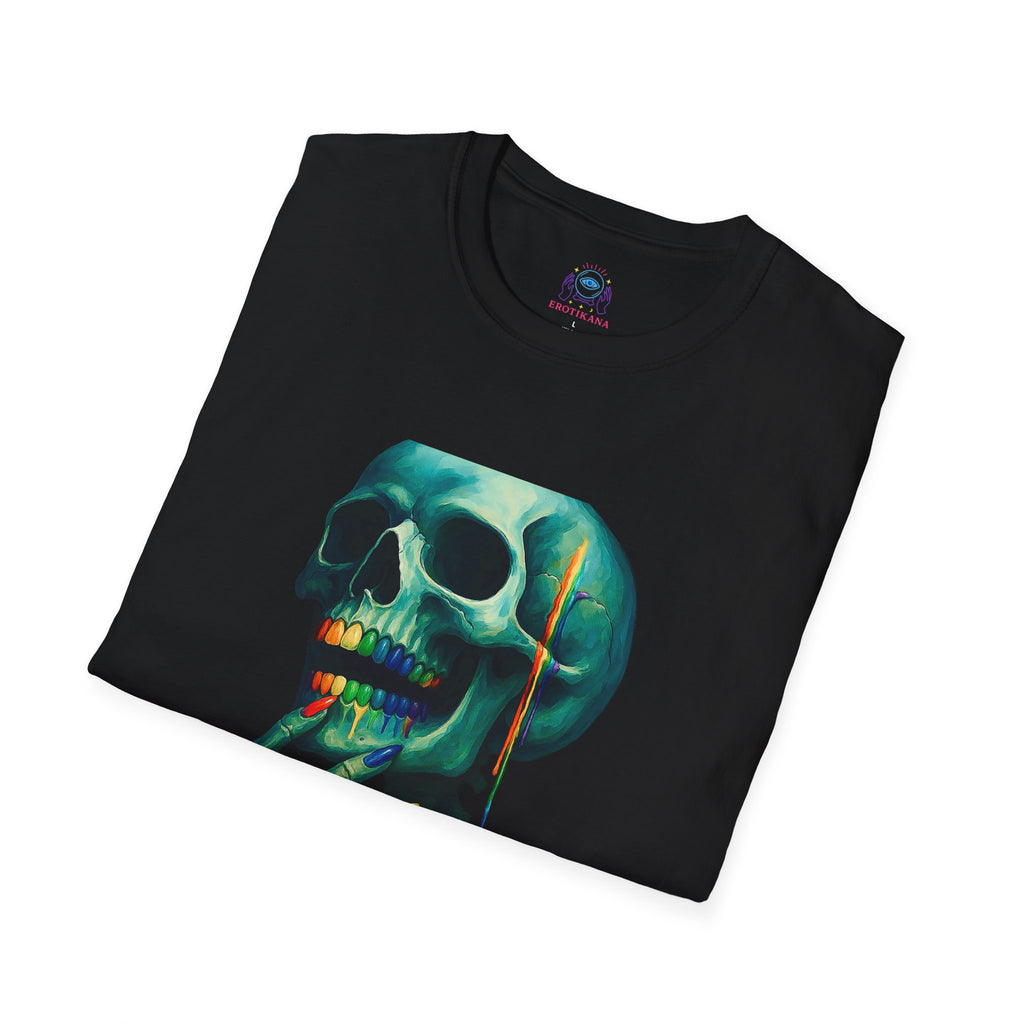 Gay to the Grave- Vibrant Skeleton Art T-Shirt | Unisex Graphic Tee for Halloween, Partywear, Casual Style, Unique Gift, Artsy Fashion