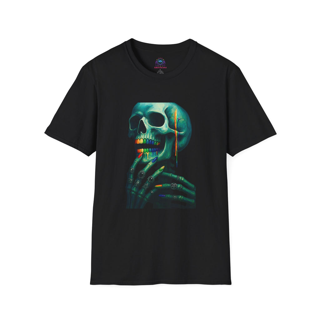 Gay to the Grave- Vibrant Skeleton Art T-Shirt | Unisex Graphic Tee for Halloween, Partywear, Casual Style, Unique Gift, Artsy Fashion